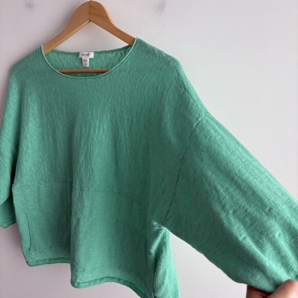 J Jill Sweater XS Petite Women’s Oversize Cotton Linen Boxy Cropped Green Top - Picture 6 of 8